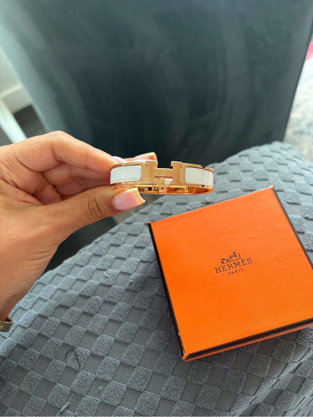 Hermes White Enamel H Cuff with Gold Hardware